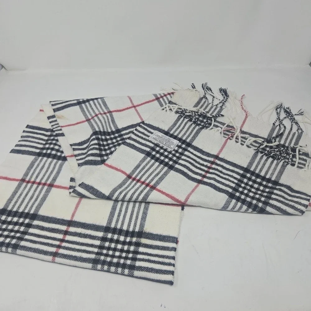 Cashmere Feel Plaid Scarf 12x72 Soft Acrylic Ivory Black Red Classic Checkered